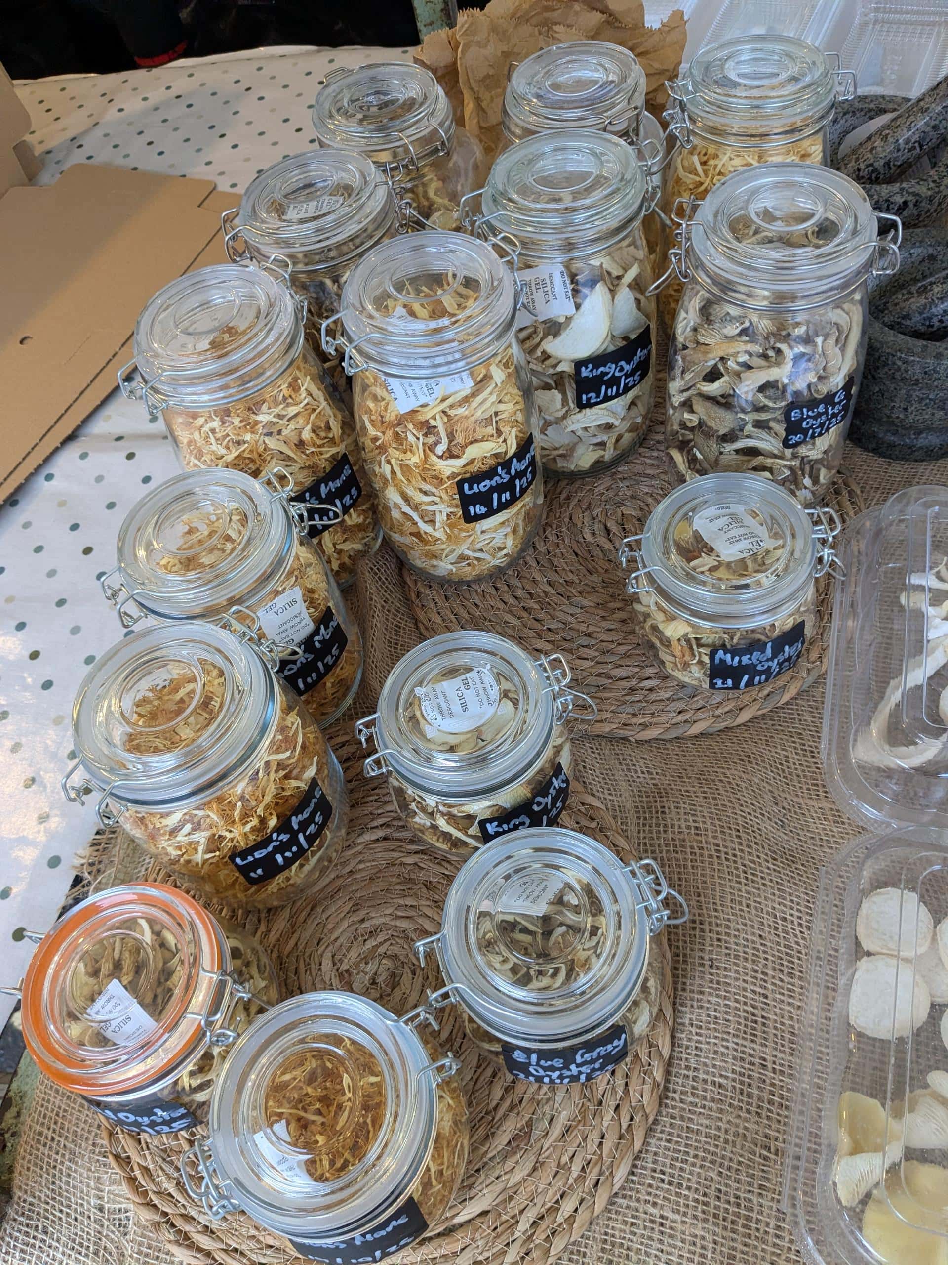 Dried mushrooms in sealed jars